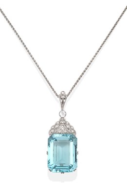 Lot 54 - An Aquamarine and Diamond Pendant on Chain, the emerald-cut aquamarine in a claw setting,...