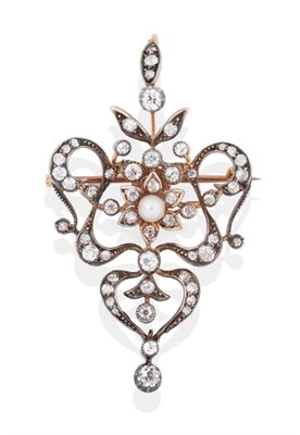 Lot 56 - An Art Nouveau Diamond and Pearl Set Brooch/Pendant, a pearl centres an old cut diamond set...