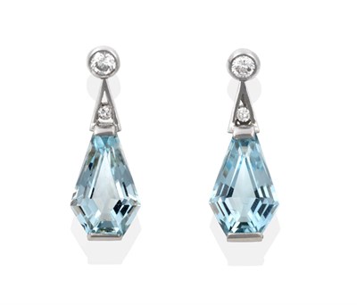 Lot 61 - A Pair of 18 Carat White Gold Aquamarine and Diamond Drop Earrings, a round brilliant cut...