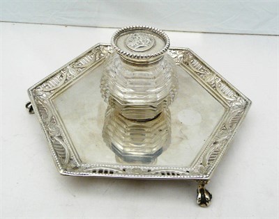 Lot 1089 - A Victorian Silver and Glass Inkstand, George Kenning, London 1883, the prismatic cut octagonal...