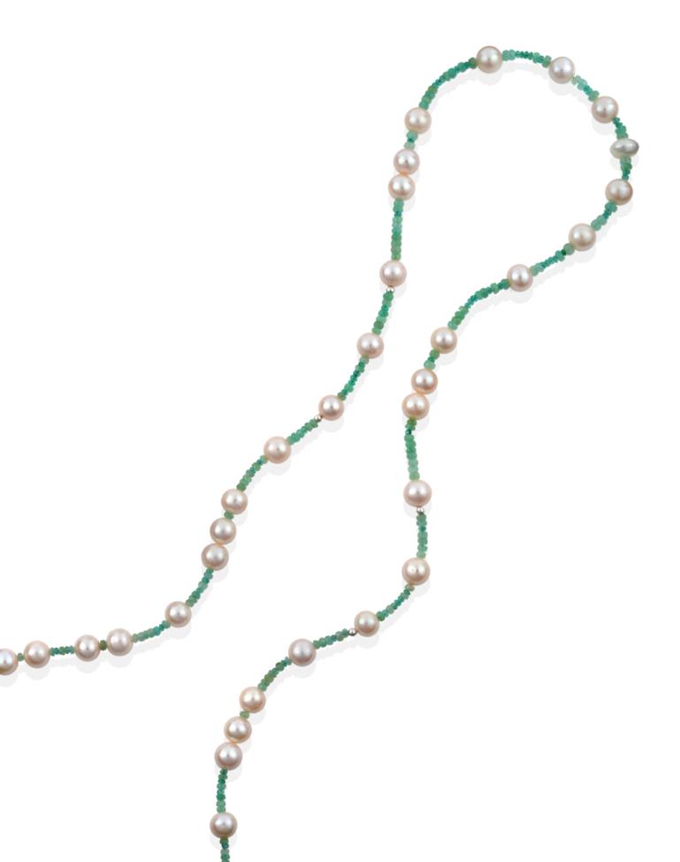 Lot 79 - An Emerald and Cultured Pearl Necklace, faceted emerald roundel beads spaced by cultured...