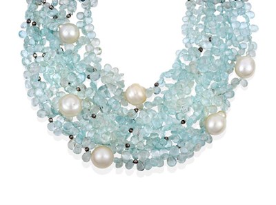 Lot 103 - An Aquamarine and South Sea Cultured Pearl Torsade Necklace, multiple rows of faceted pear...