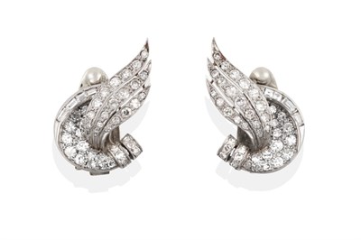Lot 104 - A Pair of Diamond Spray Clip-On Earrings, circa 1940, the winged forms set throughout with old cut