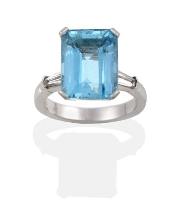 Lot 112 - A Platinum Aquamarine and Diamond Ring, the octagonal-cut aquamarine in a corner claw setting,...