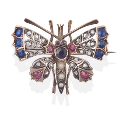 Lot 114 - A Late Victorian Sapphire, Ruby, Diamond and Pearl Butterfly Brooch, comprised of round and...