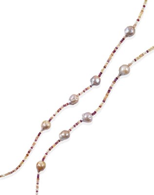Lot 116 - A Ruby, Citrine and Cultured Pearl Necklace, smooth ruby and faceted citrine roundel beads...