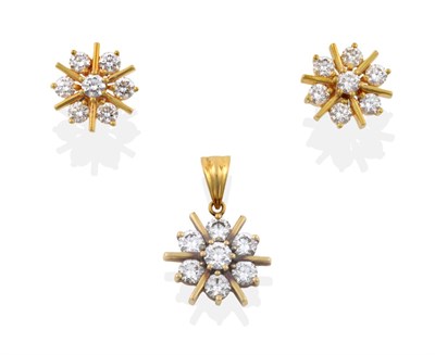 Lot 117 - A Diamond Cluster Pendant and A Pair of Diamond Earrings, en suite, comprising seven round...