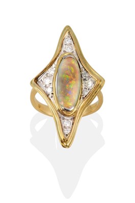 Lot 120 - An 18 Carat Gold Opal and Diamond Ring, an oval cabochon opal within a diamond shaped surround, set