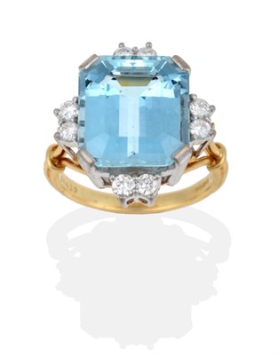 Lot 135 - An 18 Carat Gold Aquamarine and Diamond Ring, the emerald-cut aquamarine in white corner claws,...