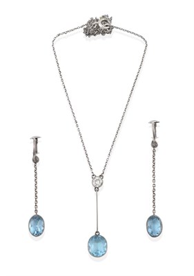Lot 140 - An Early 20th Century Diamond and Aquamarine Drop Necklace; an old cut diamond in a white...