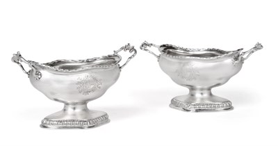 Lot 174 - A Pair of Early George III Silver Twin-Handled Pedestal Sauce Tureens, makers mark IB (italics)...