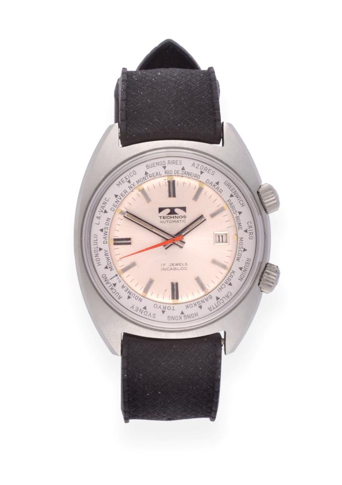 Lot 210 - A Stainless Steel World Time Automatic Calendar Centre Seconds Wristwatch, signed Technos,...