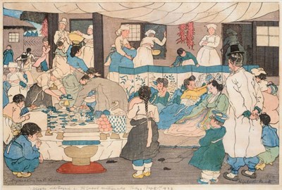 Lot 226 - Elizabeth Keith (1887-1956)  ''Country Wedding Feast, Korea'' 1921 Signed and inscribed, woodblock