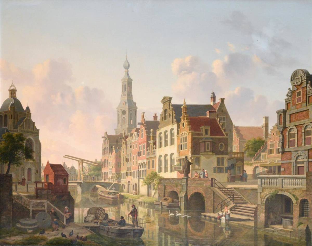 Lot 246 - Jan Hendrik Verheyden (1778-1846) Dutch Busy Dutch canal scene Signed and dated 1824, oil on panel