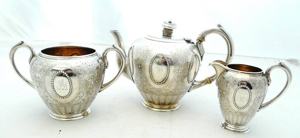 Lot 1107 - A Victorian Three Piece Teaset, Richards & Brown, London 1876, of ovoid form with beaded...