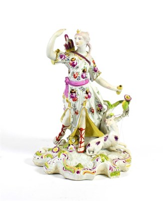 Lot 522 - A Derby Porcelain Figure of Diana, circa 1765, wearing flowing robes, her hound at her feet, on...