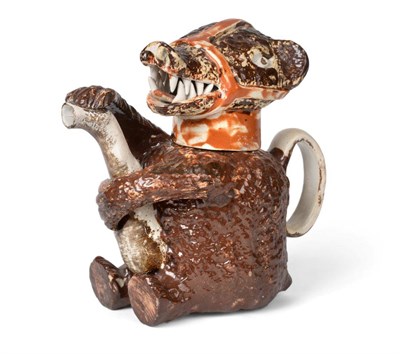 Lot 533 - A Staffordshire Pottery Bear Teapot and Cover, circa 1820, the seated animal with brown...