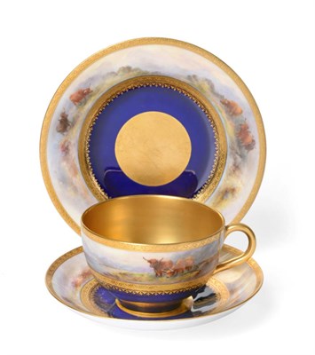Lot 536 - A Royal Worcester Porcelain Teacup, Saucer and Plate, by Harry Stinton, 1920, painted with highland