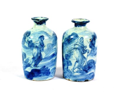 Lot 538 - A Pair of Savona Maiolica Small Bottles, late 17th/early 18th century, of cylindrical form with...