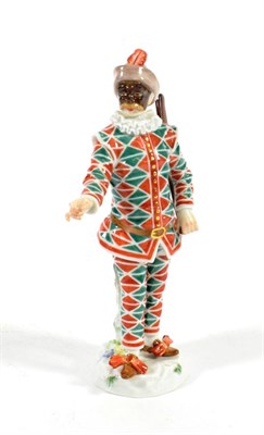 Lot 547 - A Meissen Porcelain Figure of Harlequin, 20th century, standing wearing a feathered cap, mask...