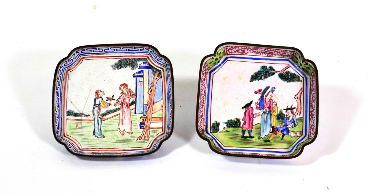 Lot 589 - A Canton Enamel European Subject Pin Tray, Qianlong, of canted square form, painted in famille rose