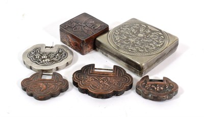 Lot 590 - A Chinese Paktong Square Box and Cover, Qing Dynasty, repoussé with dragons in a roundel,...
