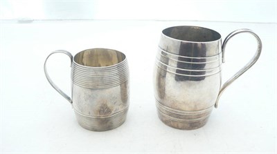 Lot 1127 - A George III Barrel Form Mug, maker's mark indistinct, London 1819, with two pairs of raised...