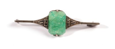 Lot 617 - An Art Deco Style Jade and Marcasite Bar Brooch, cased Gieves Ltd, length 4.9cm