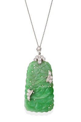 Lot 618 - An Art Deco Jade and Diamond Plaque Pendant on Chain, the tapered oblong plaque carved and...