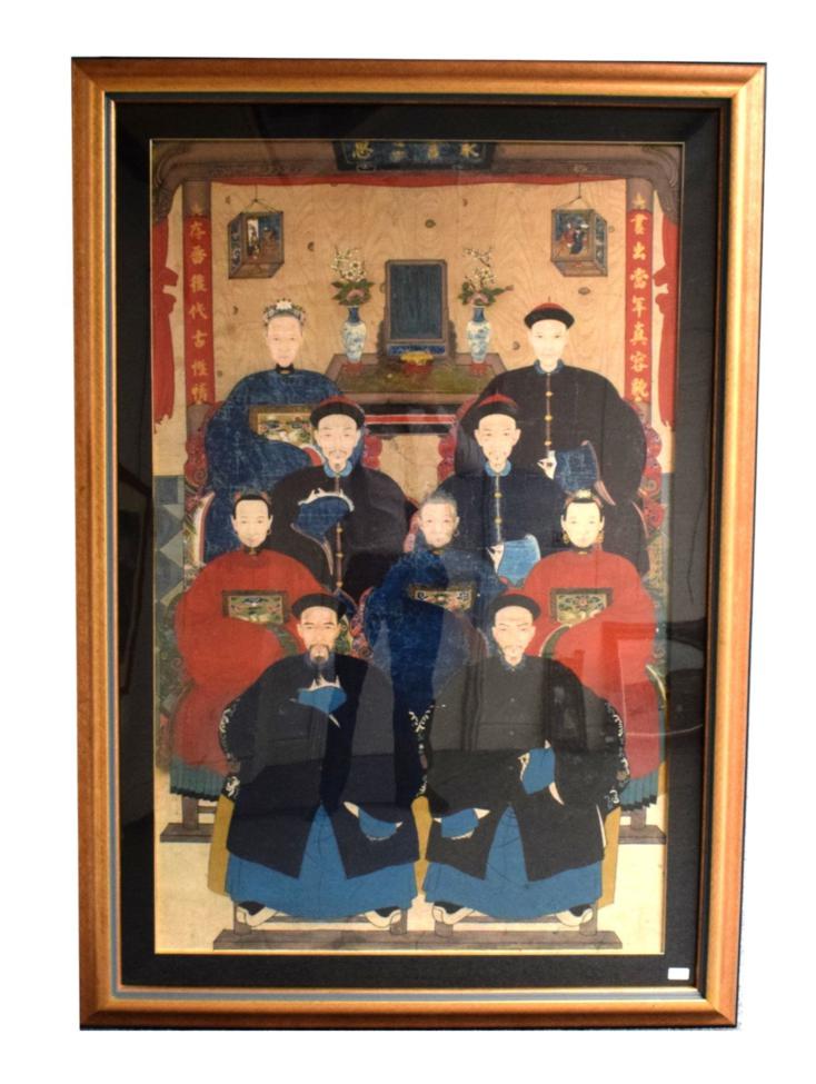Lot 619 - Chinese School (Qing Dynasty) An Ancestor Portrait, depicting nine seated figures before a...