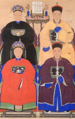 Lot 620 - Chinese School (Qing Dynasty) An Ancestor Portrait, depicting four seated figures, the table behind