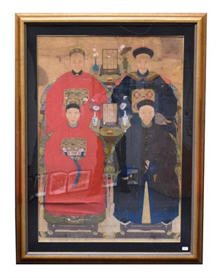 Lot 621 - Chinese School (Qing Dynasty) An Ancestor portrait, depicting four seated figures beside two tables