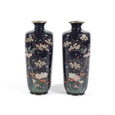 Lot 624 - A Pair of Japanese Cloisonné Enamel Vases, Meiji period, of square section baluster form,...