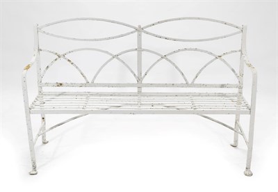 Lot 632 - ~ A Regency Wrought Iron Garden Bench, early 19th century, white painted with interlaced...