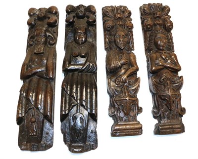 Lot 698 - Two Pairs of Oak Relief Carved Panels, as male and female caryatids standing below carved...