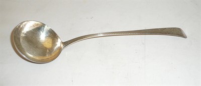 Lot 1138 - A George III Soup Ladle, Hester Bateman, London 1777, Old English bright cut pattern, crested, 33cm