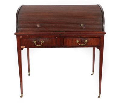 Lot 729 - A George III Mahogany Tambour Roll-Top Desk, late 18th century, the interior with two candle slides