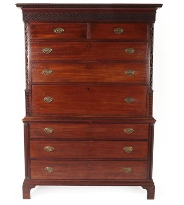 Lot 749 - A George III Mahogany Secretaire Chest on Chest, circa 1760, the dentil cornice above a blind...
