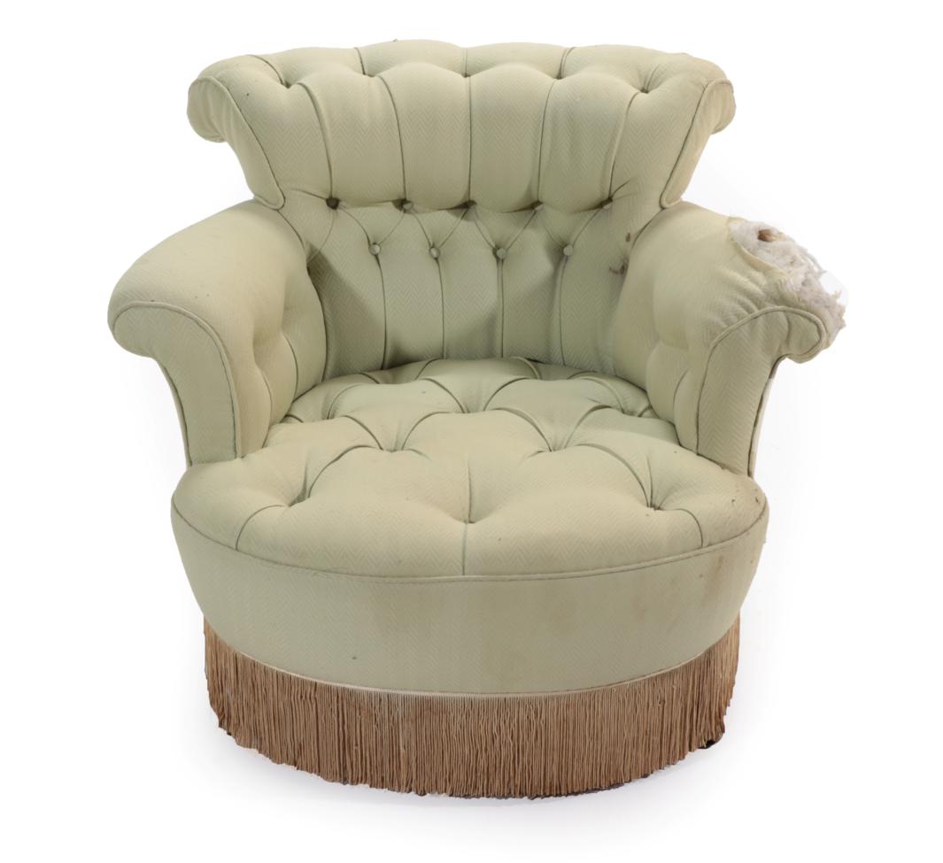 Lot 802 - ~ A Victorian Tub Shaped Armchair, late 19th century, recovered in button green fabric, the...