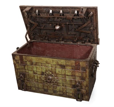 Lot 807 - A 17th Century German Iron Armada Chest, with strap work design and painted green, the hinged...