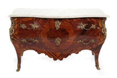 Lot 830 - ~ A Louis XV Kingwood and Calamander Bombé Commode, late 18th century, with white serpentine...