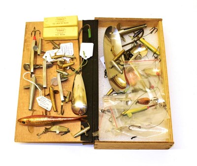 Lot 2017 - A collection of approx. fifty-six named vintage fishing lures, including reflex, spoon, minnow...