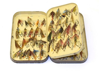 Lot 2037 - A Malloch's patent black japanned fly and cast box, containing approx. 64 salmon flies...
