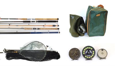 Lot 2044 - A small collection of assorted fishing tackle, comprising two fly reels, fitted with lines; an...