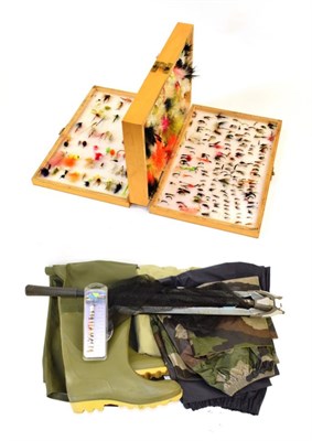 Lot 2053 - Assorted fishing accessories and clothing, comprising modern wooden double compartment fly...