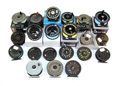 Lot 2054 - Fifteen modern trout fly reels, including examples by Okuna, Rimfly and Shakespeare, some with...