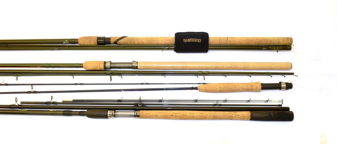Lot 2057 - Four fishing rods, comprising: Shimano Purist Trotter 15 three-piece carbon barbel rod, nylon...