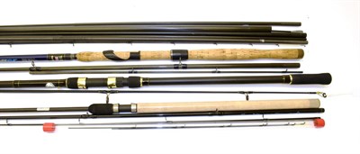 Lot 2063 - Seven various fishing rods, comprising: Garbolino Tyrrell three-piece twin top carbon match...