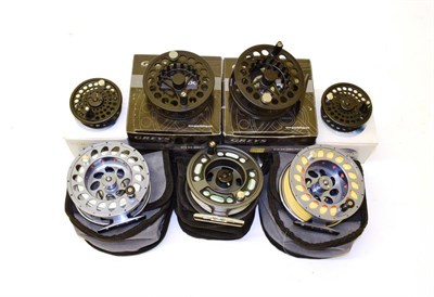 Lot 2066 - Three Greys of Alnwick fly reels, comprising two 4 in. G-Lite, fitted with line, padded cases and a