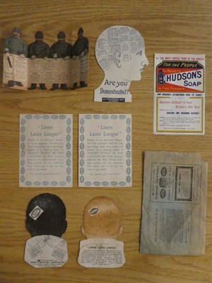 Lot 2093 - A small collection of Hudson's Soap advertising material, in original envelope, lithographs on...